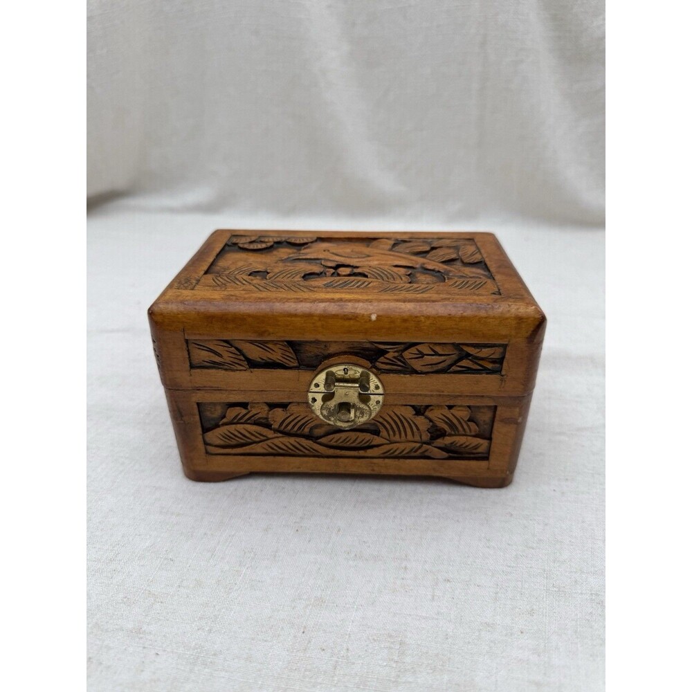 Vintage Hand Carved Wooden Dolphin Trinket Jewelry Box Blue Felt Lined